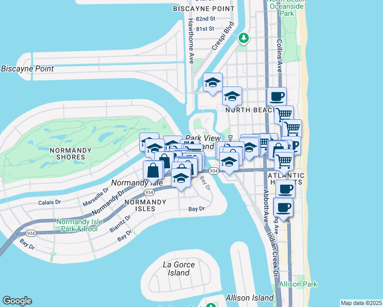 map of restaurants, bars, coffee shops, grocery stores, and more near 7207 Bay Drive in Miami Beach
