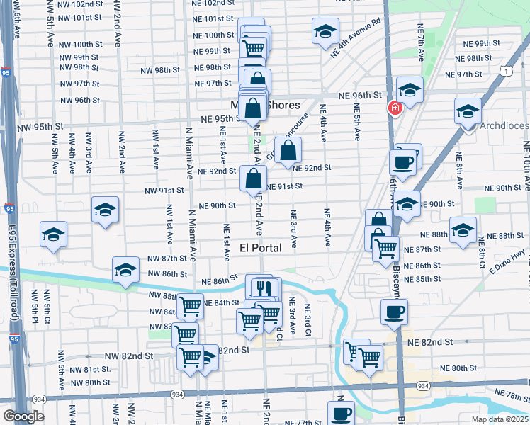 map of restaurants, bars, coffee shops, grocery stores, and more near 211a Northeast 89th Street in El Portal