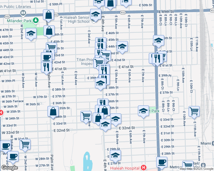map of restaurants, bars, coffee shops, grocery stores, and more near 427 East 38th Street in Hialeah