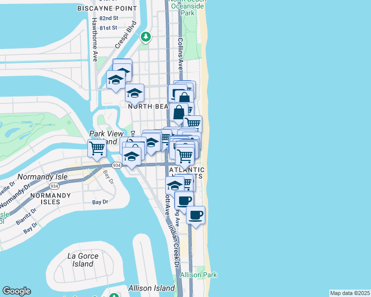 map of restaurants, bars, coffee shops, grocery stores, and more near 219 71st Street in Miami Beach