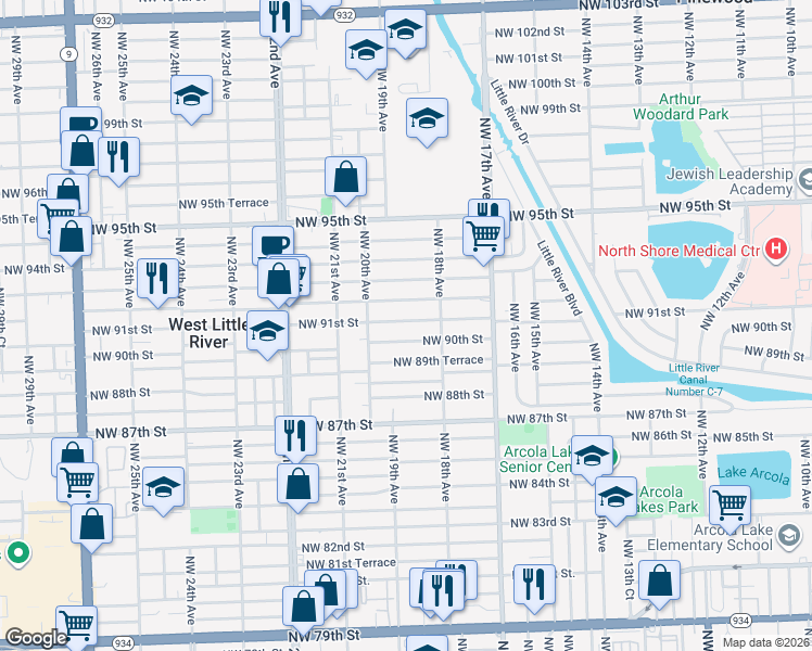 map of restaurants, bars, coffee shops, grocery stores, and more near 1851 Northwest 90th Street in Miami