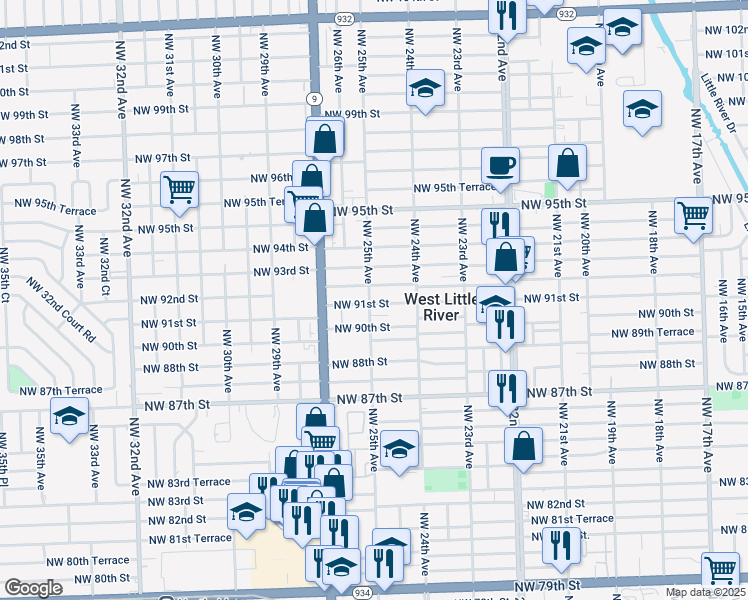 map of restaurants, bars, coffee shops, grocery stores, and more near 2466 Northwest 91st Street in Miami