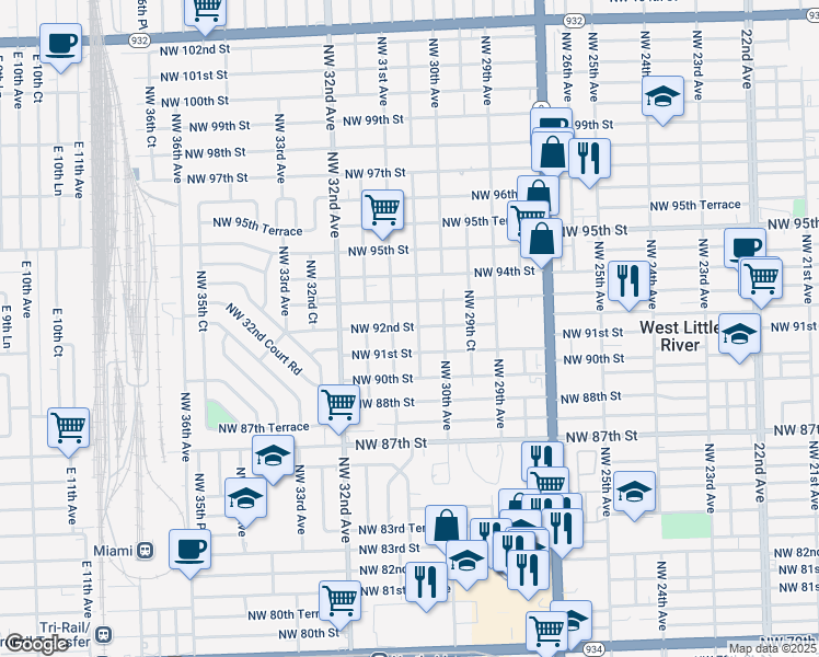 map of restaurants, bars, coffee shops, grocery stores, and more near 3030 Northwest 92nd Street in Miami