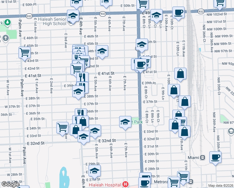 map of restaurants, bars, coffee shops, grocery stores, and more near 660 East 38th Street in Hialeah