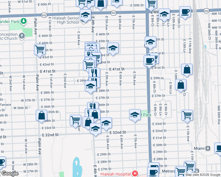 map of restaurants, bars, coffee shops, grocery stores, and more near 502 East 38th Street in Hialeah