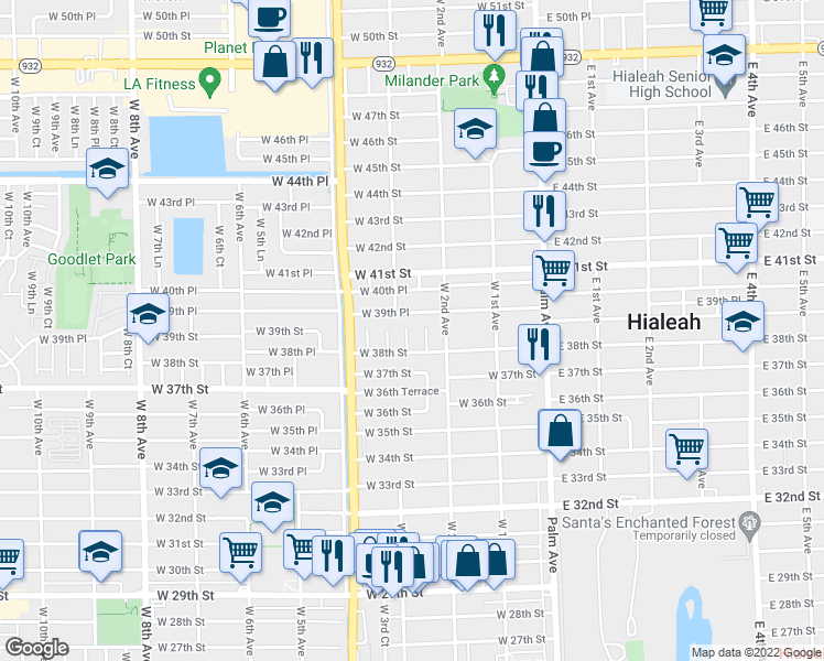 map of restaurants, bars, coffee shops, grocery stores, and more near 3891 West 2nd Lane in Hialeah