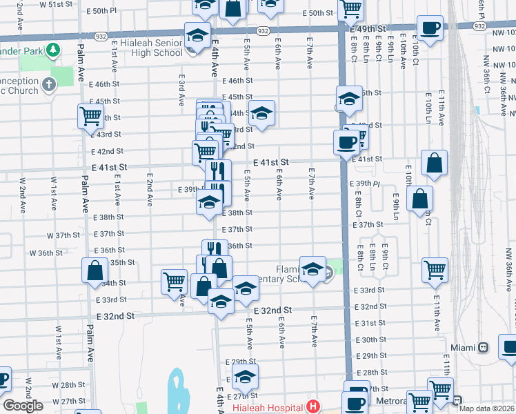 map of restaurants, bars, coffee shops, grocery stores, and more near 502 East 38th Street in Hialeah
