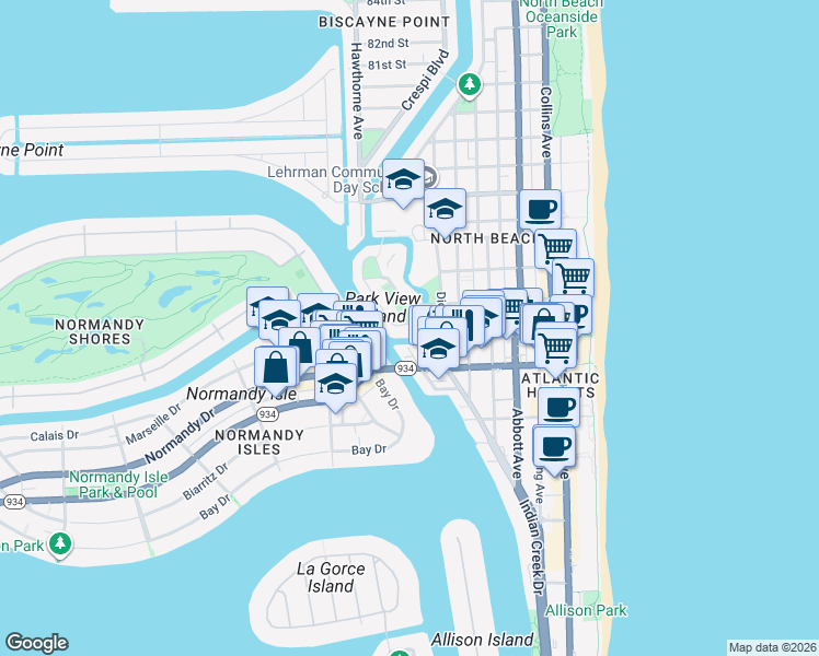 map of restaurants, bars, coffee shops, grocery stores, and more near 832 Raymond Street in Miami Beach