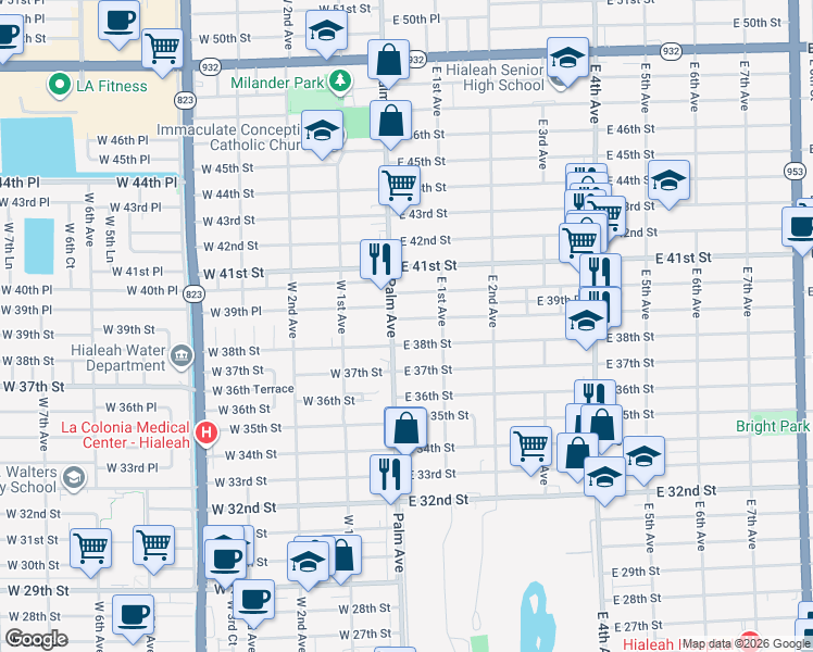 map of restaurants, bars, coffee shops, grocery stores, and more near 51 East 38th Street in Hialeah