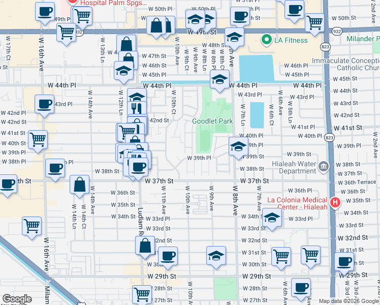 map of restaurants, bars, coffee shops, grocery stores, and more near 970 West 39th Place in Hialeah