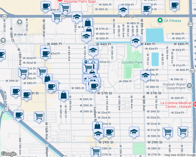 map of restaurants, bars, coffee shops, grocery stores, and more near 1126 West 39th Terrace in Hialeah