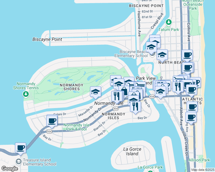 map of restaurants, bars, coffee shops, grocery stores, and more near 300 South Shore Drive in Miami Beach