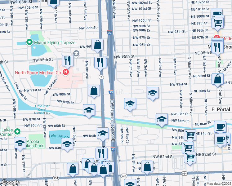 map of restaurants, bars, coffee shops, grocery stores, and more near 617 Northwest 90th Street in Miami
