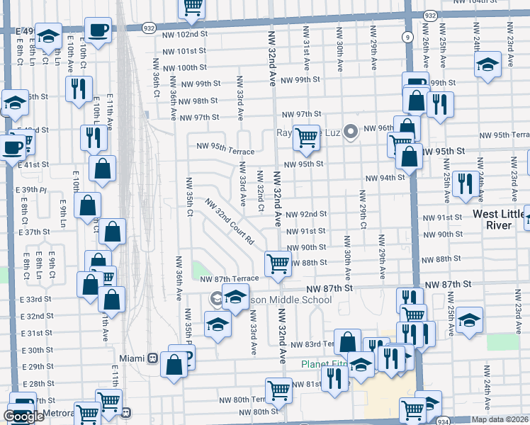 map of restaurants, bars, coffee shops, grocery stores, and more near 9165 Northwest 32nd Court in Miami