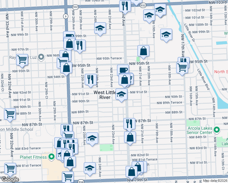 map of restaurants, bars, coffee shops, grocery stores, and more near 2254 Northwest 91st Street in Miami