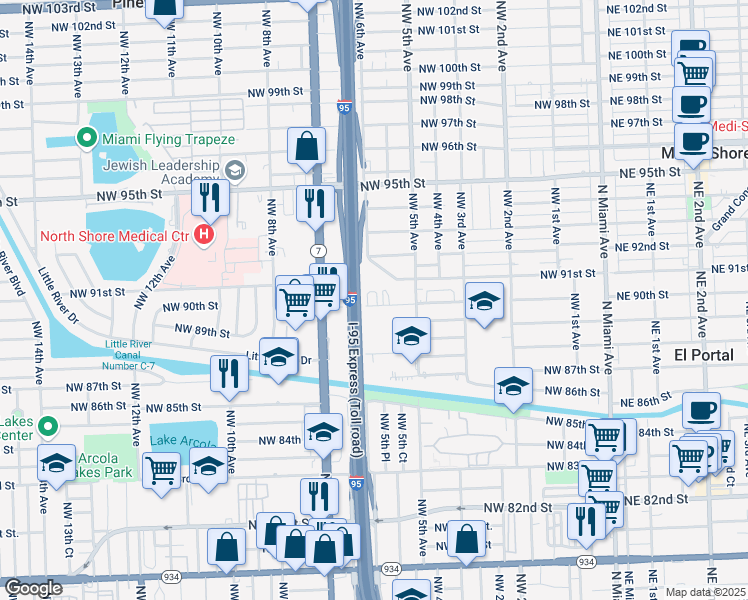 map of restaurants, bars, coffee shops, grocery stores, and more near 617 Northwest 90th Street in Miami
