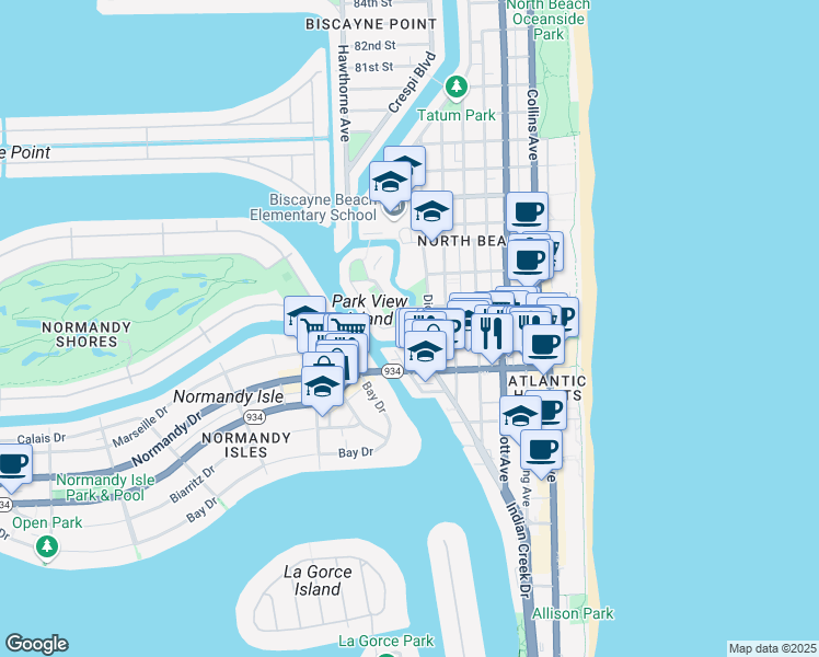 map of restaurants, bars, coffee shops, grocery stores, and more near 7141 Indian Creek Drive in Miami Beach