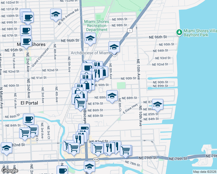 map of restaurants, bars, coffee shops, grocery stores, and more near 830 Northeast 89th Street in Miami