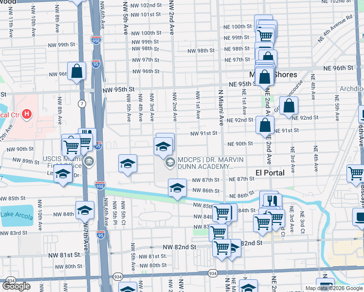 map of restaurants, bars, coffee shops, grocery stores, and more near 173 Northwest 89th Street in El Portal