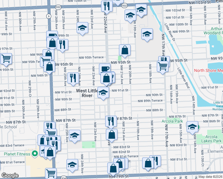 map of restaurants, bars, coffee shops, grocery stores, and more near 2182 Northwest 91st Street in Miami