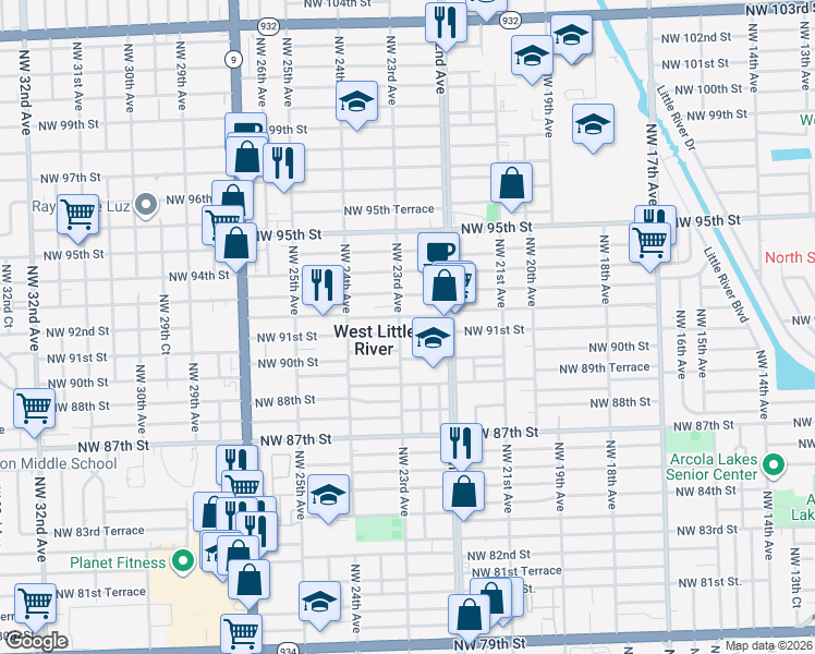 map of restaurants, bars, coffee shops, grocery stores, and more near 2254 Northwest 91st Street in Miami