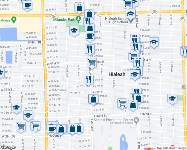 map of restaurants, bars, coffee shops, grocery stores, and more near 51 East 38th Street in Hialeah