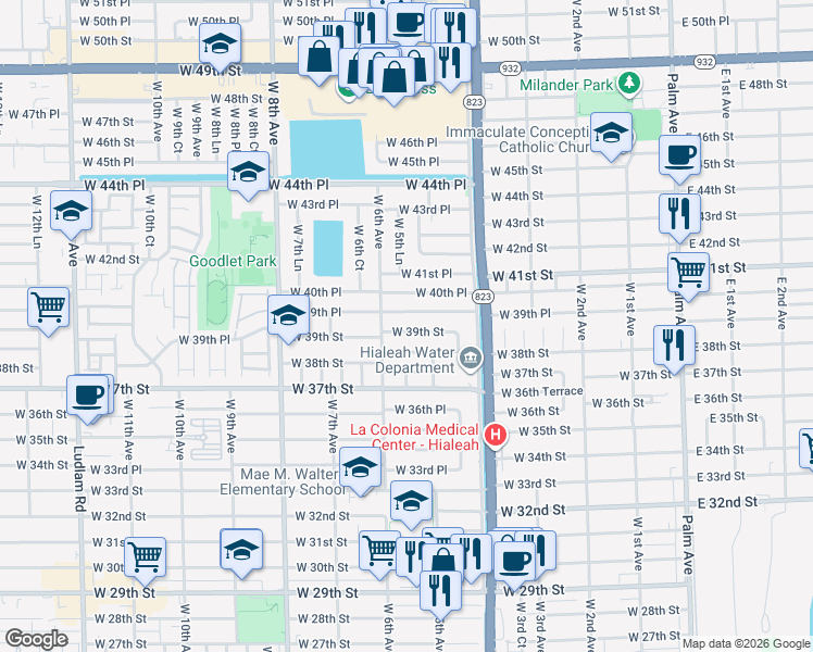 map of restaurants, bars, coffee shops, grocery stores, and more near 560 West 39th Street in Hialeah