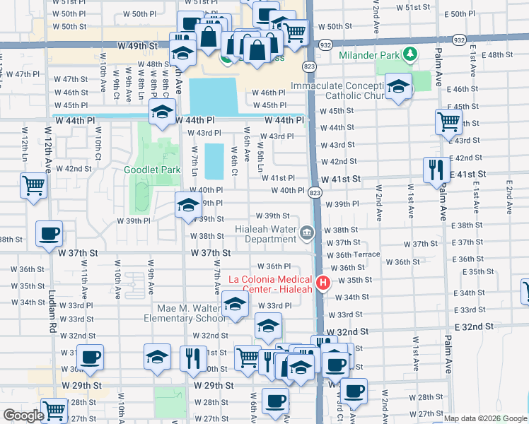 map of restaurants, bars, coffee shops, grocery stores, and more near 560 West 39th Street in Hialeah