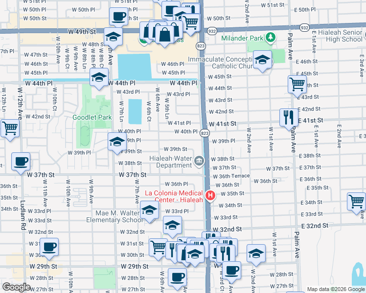 map of restaurants, bars, coffee shops, grocery stores, and more near 470 West 39th Street in Hialeah