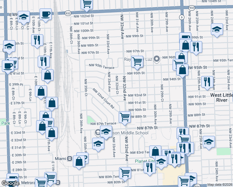 map of restaurants, bars, coffee shops, grocery stores, and more near 3258 Northwest 92nd Street in Miami
