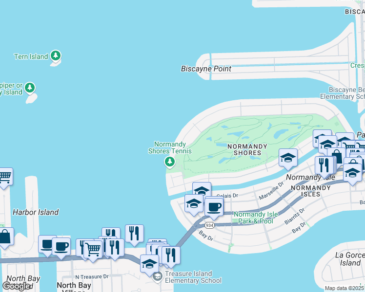 map of restaurants, bars, coffee shops, grocery stores, and more near 1900 North Shore Drive in Miami Beach