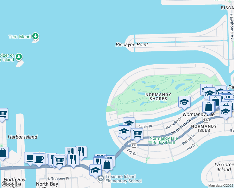map of restaurants, bars, coffee shops, grocery stores, and more near 1165 North Shore Drive in Miami Beach