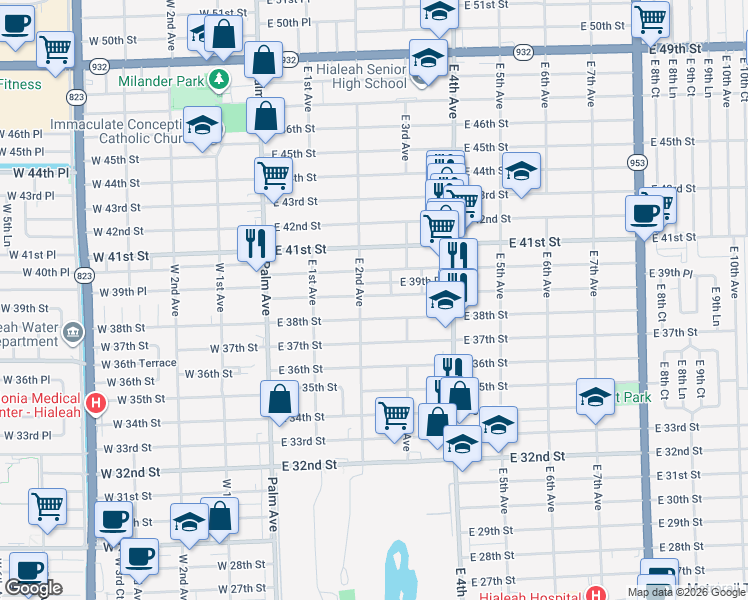 map of restaurants, bars, coffee shops, grocery stores, and more near in Hialeah