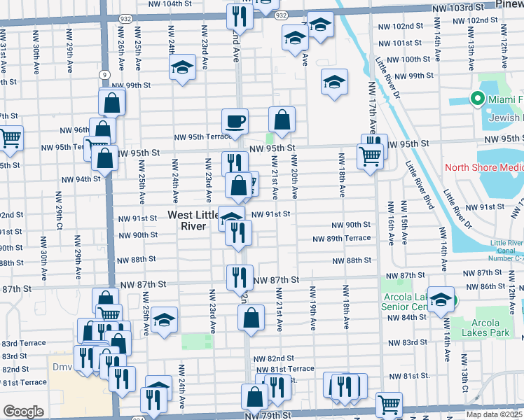 map of restaurants, bars, coffee shops, grocery stores, and more near 2182 Northwest 91st Street in Miami
