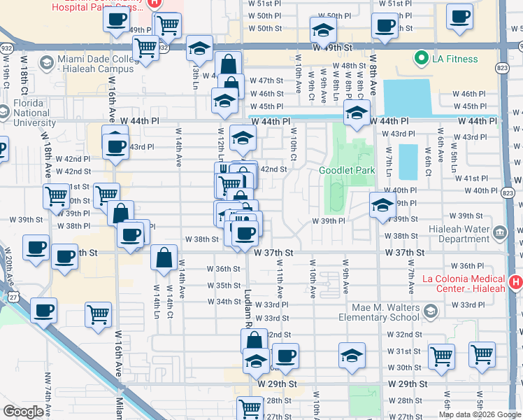 map of restaurants, bars, coffee shops, grocery stores, and more near 1126 West 39th Terrace in Hialeah