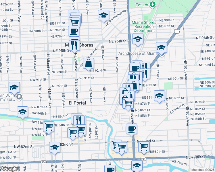 map of restaurants, bars, coffee shops, grocery stores, and more near 433 Northeast 89th Street in El Portal