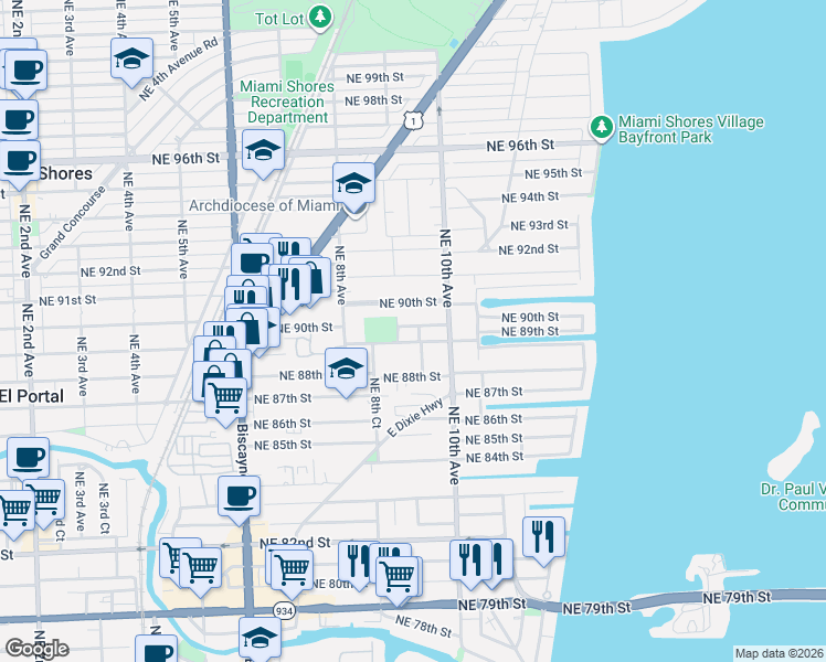 map of restaurants, bars, coffee shops, grocery stores, and more near 8840 Northeast 9th Court in Miami