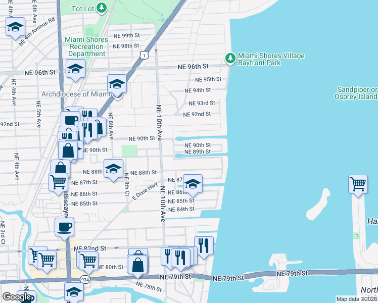 map of restaurants, bars, coffee shops, grocery stores, and more near 1100 North Bayshore Drive in Miami