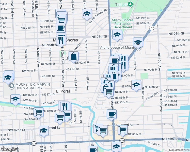 map of restaurants, bars, coffee shops, grocery stores, and more near 433 Northeast 89th Street in El Portal