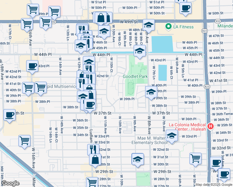 map of restaurants, bars, coffee shops, grocery stores, and more near 970 West 39th Place in Hialeah