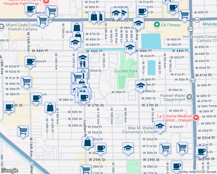 map of restaurants, bars, coffee shops, grocery stores, and more near 970 West 39th Place in Hialeah