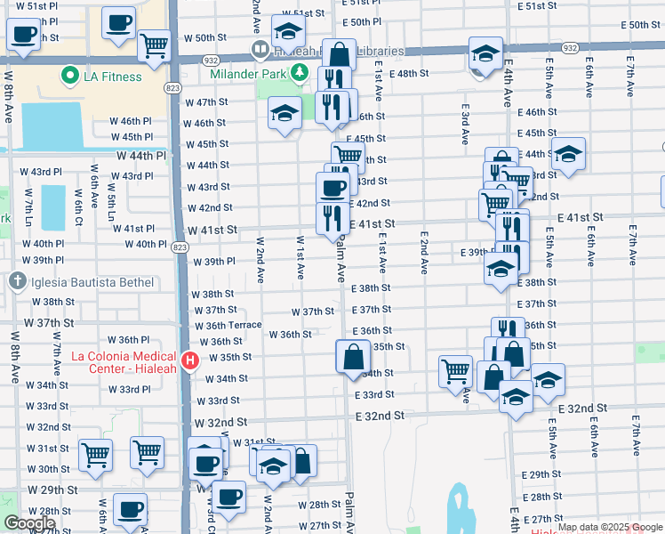 map of restaurants, bars, coffee shops, grocery stores, and more near 3940 Palm Avenue in Hialeah