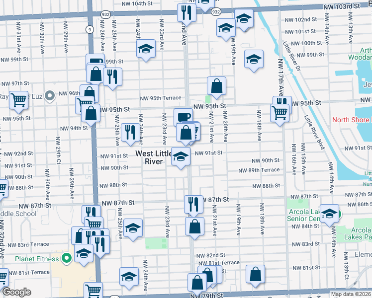 map of restaurants, bars, coffee shops, grocery stores, and more near 2182 Northwest 91st Street in Miami