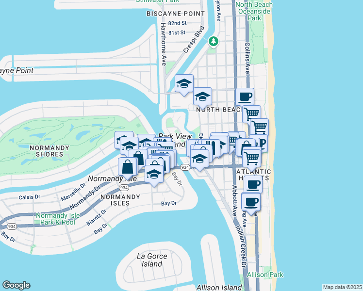 map of restaurants, bars, coffee shops, grocery stores, and more near 832 Raymond Street in Miami Beach