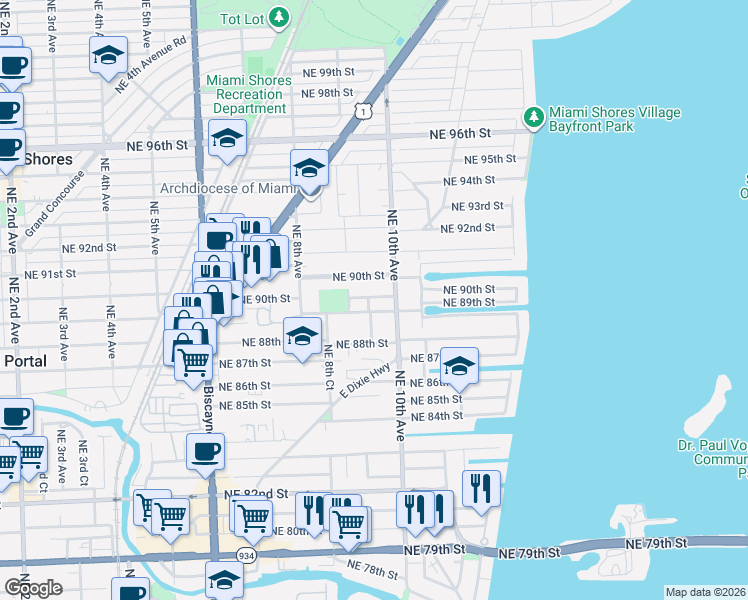map of restaurants, bars, coffee shops, grocery stores, and more near 8840 Northeast 9th Court in Miami