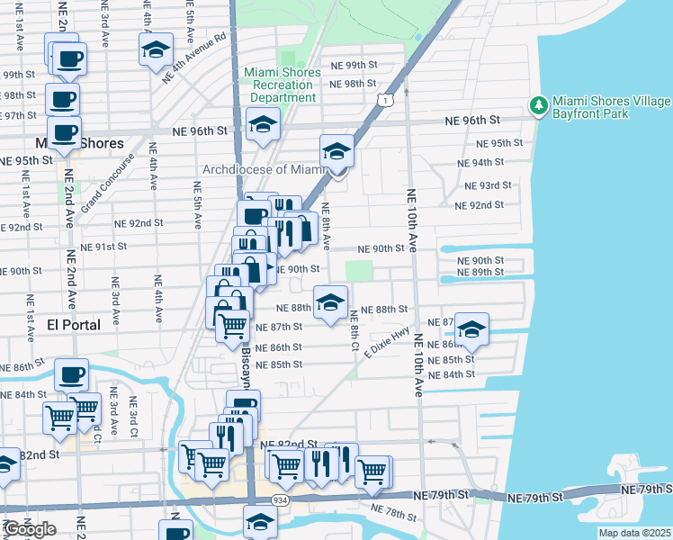 map of restaurants, bars, coffee shops, grocery stores, and more near 830 Northeast 89th Street in Miami