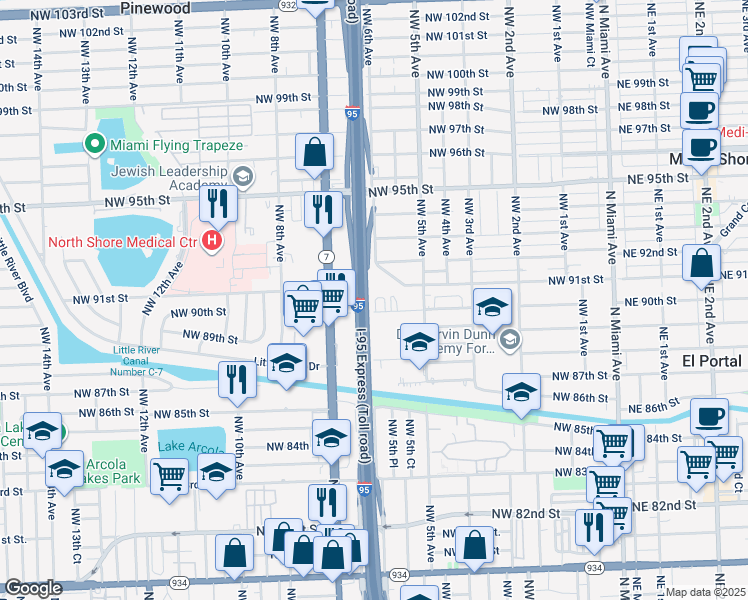 map of restaurants, bars, coffee shops, grocery stores, and more near 617 Northwest 90th Street in Miami