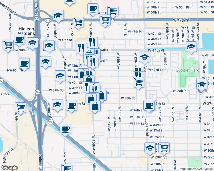 map of restaurants, bars, coffee shops, grocery stores, and more near 1567 West 38th Place in Hialeah