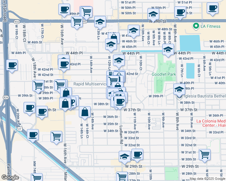 map of restaurants, bars, coffee shops, grocery stores, and more near 3920 West 12th Avenue in Hialeah