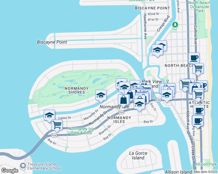 map of restaurants, bars, coffee shops, grocery stores, and more near 321 South Shore Drive in Miami Beach